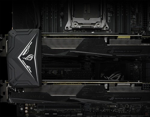 What a 2-Way SLI configuration looks like once installed on a motherboard What a 2-Way SLI configuration looks like once installed on a motherboard